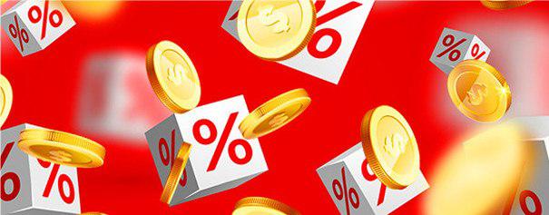 Gold coins and percentage symbols on red background